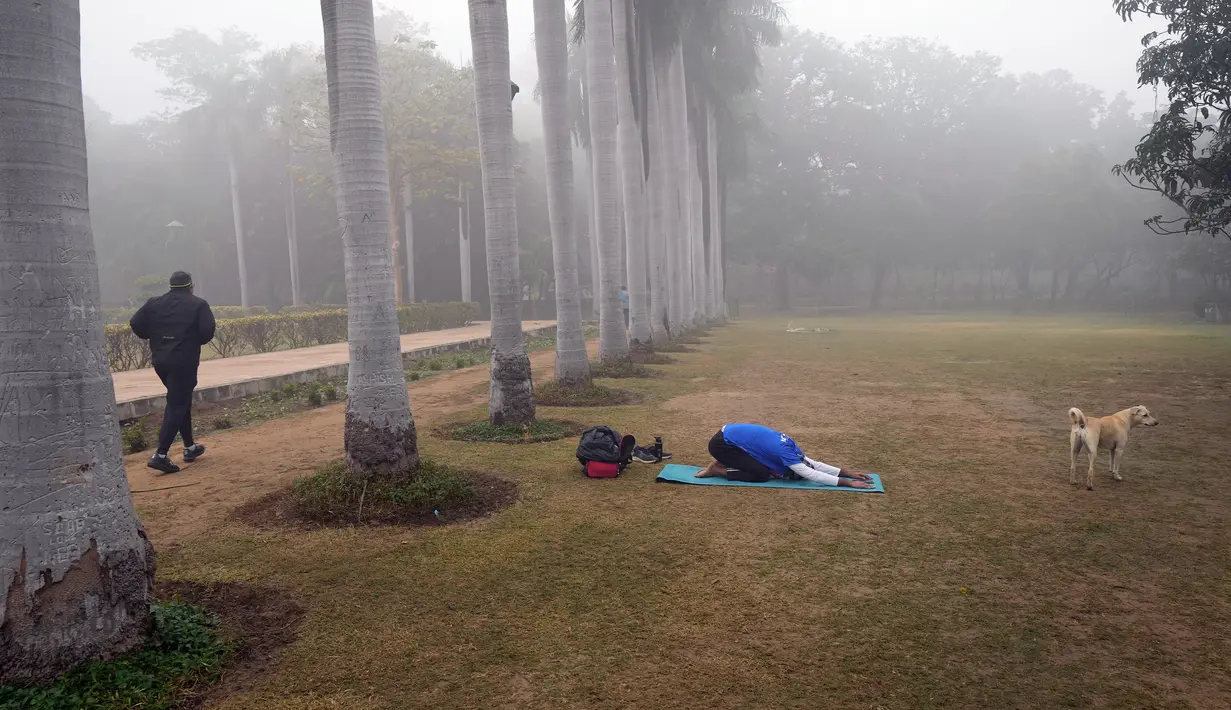 Orang-orang berolahraga di taman saat turun kabut asap pagi di New Delhi, India, Selasa (20/12/2022). India Utara mengalami kabut pertama musim ini dan diperkirakan akan berlangsung selama lima hari ke depan yang mengganggu transportasi kereta api, jalan raya, dan udara. (AP Photo/Manish Swarup)