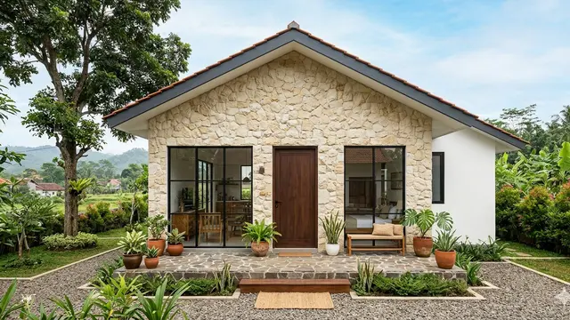 Desain Rumah Desa Konsep Natural Modern dengan Batu Alam. Gemini
