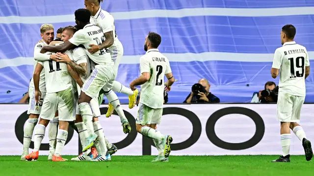 Perayaan gol pemain Real Madrid kala melawan Leipzig di Liga Champions
