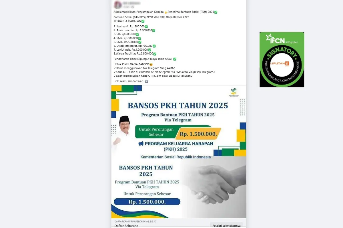 Tangkapan layar klaim tautan pendaftaran bansos PKH 2025 via Telegram yang beredar di Facebook.