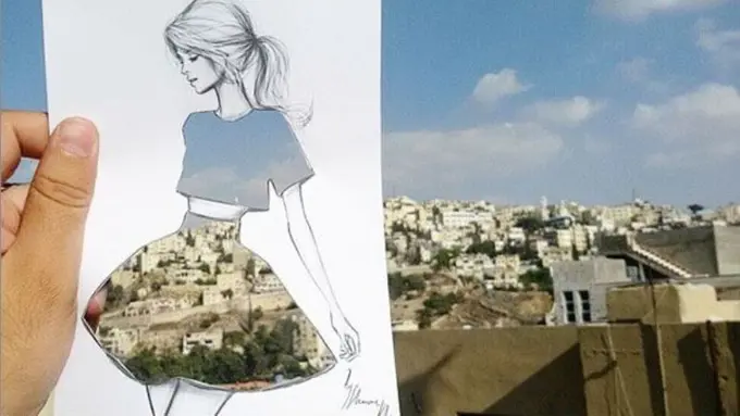 Ilustrator Lengkapi Gambar Gaun Ini dengan Awan dan Gedung-Gedung