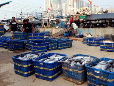 Suasana nelayan saat bongkar muat ikan di TPI Muara Karang, Jakarta, Selasa (1/8/2023). Pada 2023, PT Perikanan Indonesia gencar melakukan ekspor. (Liputan6.com/Johan Tallo)