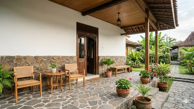Inspirasi Teras Rumah Desa dengan Batu Alam yang Awet Bertahun-tahun. Gemini