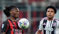 Aksi Rafael Leao di laga AC Milan vs Juventus di pekan ke-34 Liga Italia 2025/2026 di San Siro, Senin (27/04/2026) dini hari WIB. (Spada/LaPresse via AP)
