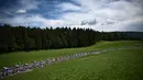 Rombongan pebalap melintasi padang rumput hijau di Swiss selama etape ke-8 pada ajang balapan sepeda Tour de France 2022. (AFP/Anne-Christine Poujoulat)