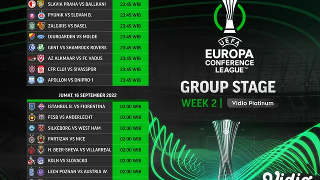 Jadwal dan Live Streaming UEFA Conference League 2022/2023 Matchday 2 di Vidio, 15-16 September 2022