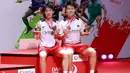 Ganda putri China yang baru dipasangkan, Liu Sheng Shu/Zhang Shu Xian berhasil merebut gelar juara Indonesia Masters 2022/2023 setelah mengalahkan ganda putri Jepang eks peringkat 1 BWF, Yuki Fukushima/Sayaka Hirota dua game langsug 22-20, 21-19 dalam laga final yang berlangsung di Istora Gelora Bung Karno, Senayan, Jakarta, Minggu (29/1/2023). (Bola.com/M Iqbal Ichsan)