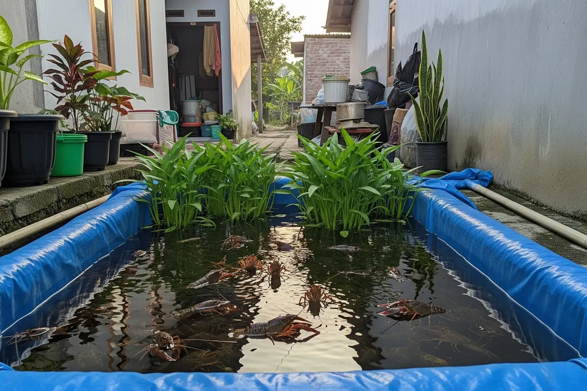 Budidaya Lobster Air Tawar dan Kangkung Air dalam Kolam Terpal Sederhana