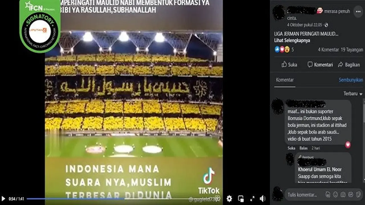 Gambar Tangkapan Layar Video yang Diklaim Liga Jerman Memperingati Maulid Nabi Muhammad SAW (sumber: Facebook).