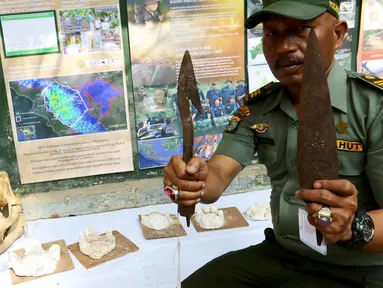 Polisi hutan memperlihatkan dua pisau tombak di Taman Nasional Way Kambas, Lampung, Jumat (6/11). Pemburu menggunakan berbagai cara untuk mendapatkan satwa liar dan diperjualbelikan atau dikonsumsi. (Liputan6.com/Fery Pradolo)