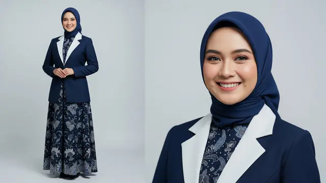 Model Gamis Batik Kombinasi Blazer Kantor yang Modis Akses Warna Kontras