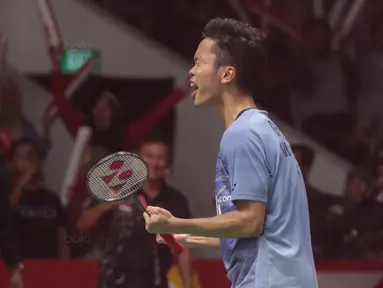 Ekspresi Anthony Ginting usai kalahkan Chen Long  pada perempatfinal Daihatsu Indonesia Master 2018 di Istora Senayan, Kamis (26/1/2018). Ginting menang 	21-11 16-21 21-18. (Bola.com/Nick Hanoatubun)