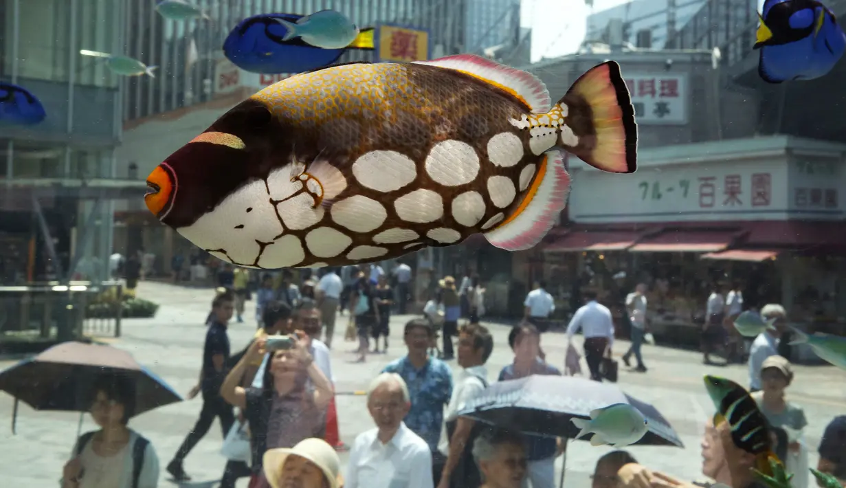 Sejumlah ikan air asin tropis berenang di dalam akuarium besar saat pameran Sony Aquarium 2017 di Tokyo (31/7). Dalam pameran ini, Sony berusaha menampilkan pemandangan yang terjadi di perairan sekitar Okinawa. (AP Photo / Koji Sasahara)