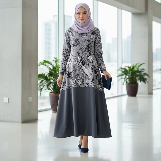 Model Gamis Kombinasi Atas Batik Bawah Polos (Foto: Gemini AI)