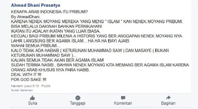 Postingan Ahmad Dhani tentang Pribumi (Facebook/Ahmad Dhani)
