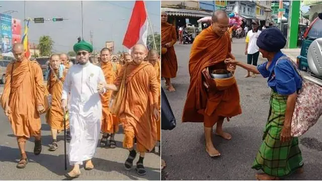 7 Momen Warga Berbagi Makanan Kepada Biksu dari Thailand, Indahnya Toleransi