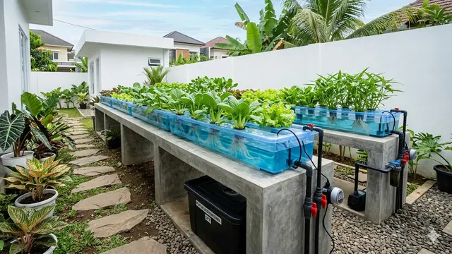 Ide Kebun Hidroponik di Halaman Belakang dengan Sistem Sirkulasi Otomatis.