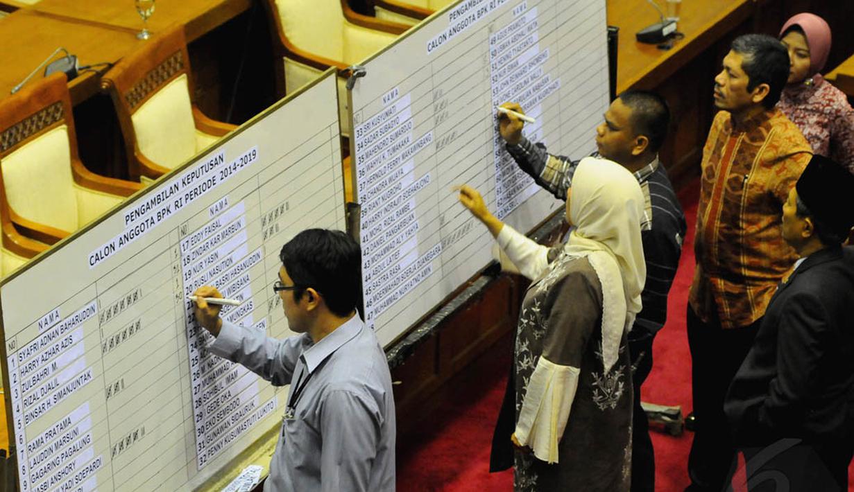 Pemilihan anggota BPK yang dilakukan secara tertutup sempat berlangsung dua kali dengan mekanisme voting karena terdapat dua calon yang mempunyai suara sama, Jakarta, (15/9/14). (Liputan6.com/Andrian M Tunay) 