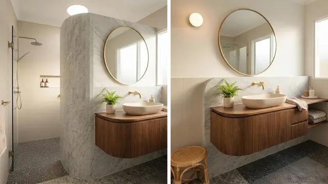 Ide Desain Meja Rias Kamar Mandi Model Bentuk Melengkung dan Mengurangi Sudut Tajam