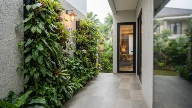 Teras Rumah 1,5 Meter dengan Taman Kering di Sepanjang Dinding