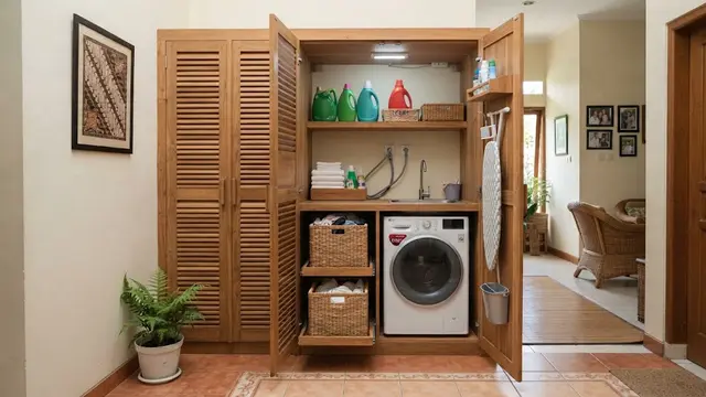 Inspirasi laundry kecil di rumah tanpa banyak renovasi sehingga jadi ruang cuci anti sempit dalam lemari tertutup