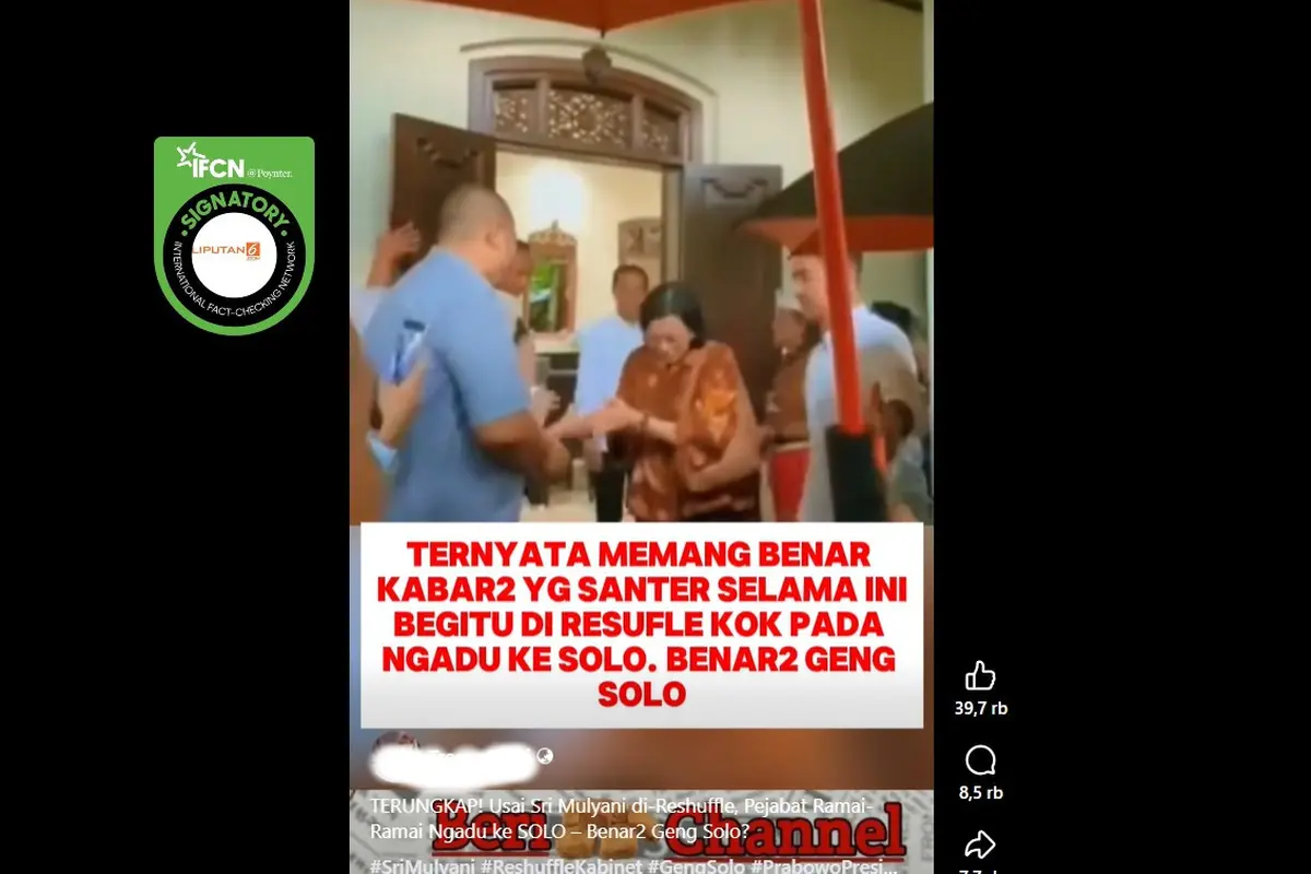 Tangkapan layar klaim video Sri Mulyani ke Solo menemui Jokowi usai reshuffle kabinet.