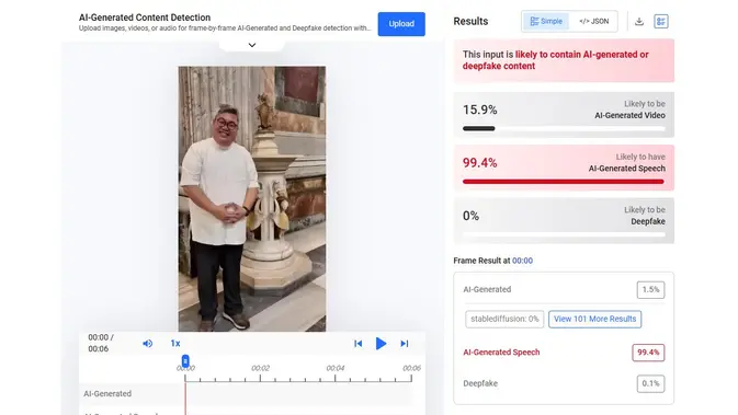 Video dan audio klaim Romo Koko siap bantu modal usaha menunjukkan hasil AI. (Foto: tangkapan layar Hive Moderation)