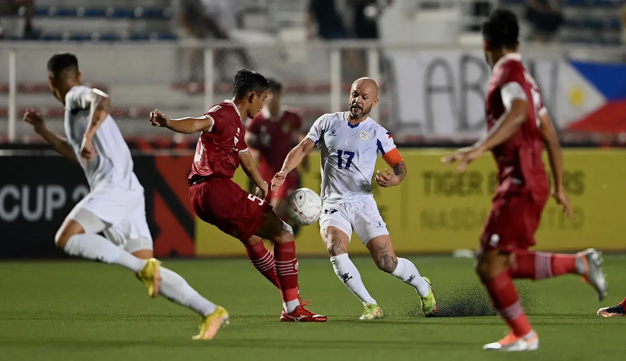 Pemain Timnas Filipina, Stephan Markus Cabizares Schröck (dua kanan) berebut bola dengan pemain Timnas Indonesia, Rizky Ridho dalam laga pamungkas Grup A Piala AFF 2022. Kemenangan ini membuat Timnas Indonesia berhasil lolos ke semifinal Piala AFF 2022. (AFP/Jam Sta Rosa)