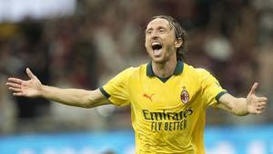 Selebrasi gol Luka Modric pada laga AC Milan vs Bologna pada pekan ke-4 Serie A 2025/2026 di San Siro -&nbsp;AP Photo/Luca Bruno