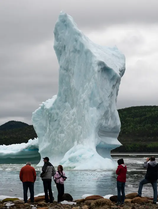 Wisatawan menyaksikan pemandangan gunung es terapung dari pantai King's Point, Newfoundland, Kanada, 3 Juli 2019. Tidak sedikit wisatawan yang datang ke tempat ini untuk mengabadikan pemandangan indah tersebut. (Johannes Eisele/AFP)