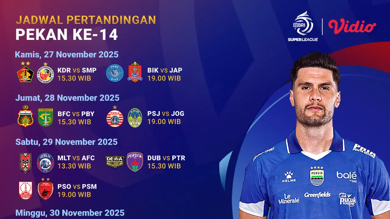 Jadwal BRI Super League pekan 14 2025/26 live streaming eksklusif di Vidio. (dok. vidio.com)