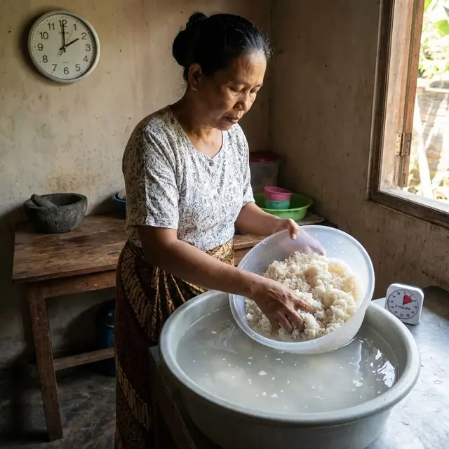 Merendam nasi sisa dalam air untuk dibuat kerupuk (Gemini AI)