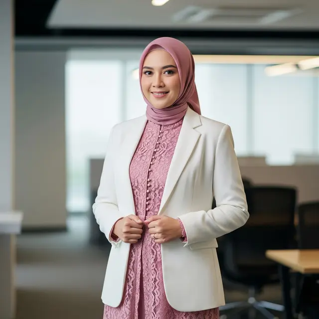 Gamis Kombinasi Blazer dan Brokat Elegan untuk Kerja Formal Muslimah