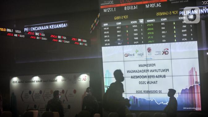 Para pengunjung melintasi papan elektronik yang menampilkan pergerakan Indeks Harga Saham Gabungan (IHSG) di Bursa Efek Indonesia, Jakarta, Rabu (30/12/2020). Pada penutupan akhir tahun, IHSG ditutup melemah 0,95 persen ke level 5.979,07. (Liputan6.com/Johan Tallo)