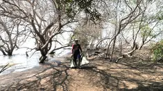 Nelayan membawa kantung berisi tumpahan limbah minyak (oil spill) yang mencemari Pantai Muara Beting, Muara Gembong, Bekasi, Jawa Barat, Minggu (28/7/2019). Sudah empat hari nelayan Muara Gembong beralih profesi menjadi pengepul oil spill yang mencemari pantai. (merdeka.com/Iqbal Nugroho)