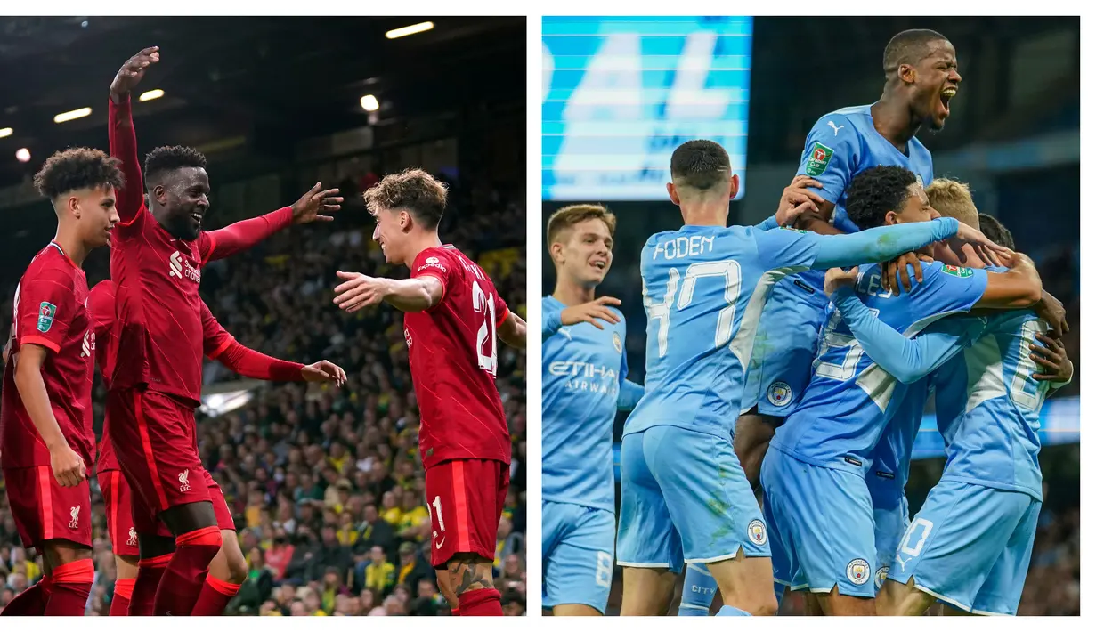 Dua tim papan atas Premier League, Liverpool dan Manchester City sama-sama memetik kemenangan besar atas lawan-lawannya di babak ketiga Piala Liga Inggris, Selasa (21/9/2021). Liverpool menang 3-0 atas Norwich, sementara City melumat Wycombe Wanderers 6-1. (Kolase AP)