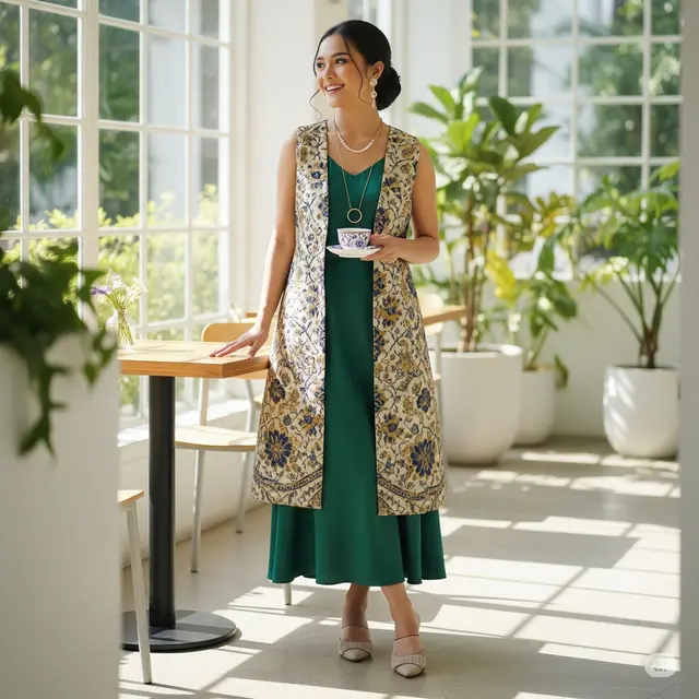 Contoh Model Brokat Dress Kombinasi Satin Model Rompi Brokat + Dress Satin. Foto: Gemini