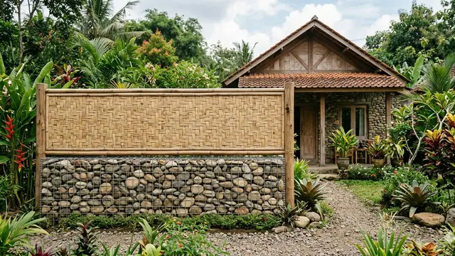Model Pagar Rumah Rustic dari Bambu dan Batu Alam