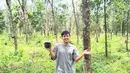 Dalam salah satu video, Jirayut juga membagikan suasana di area kebun. Jirayut berdiri di kebun karetnya yang luas. Latar belakang memperlihatkan puluhan pohon karet yang berjajar rapi. Langit yang cerah dan rumput hijau menambah kesan natural dan tenang.   (Liputan6.com/IG/@jirayutdaa4official)