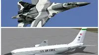 Jet tempur Rusia Su-27 (Atas) dan Pesawat Militer AS Air Force RC-135U (Bawah)