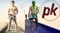 Seorang fans pria meniru gaya Aamir Khan di poster film PK. Pria tersebut hampir bugil sambil mengalungi radio di leher dan berjalan santai.