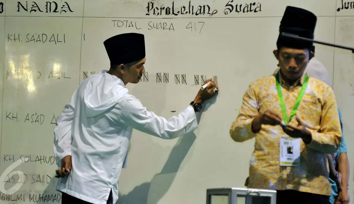 Panitia menghitung suara bakal calon ketum PBNU periode 2015-2020 pada Muktamar NU ke-33 di Jombang, Rabu (5/8/2015). Pemungutan suara bakal calon ketum PBNU tersebut diikuti 378 peserta yang terverifikasi dari 508 peserta. (Liputan6.com/Johan Tallo)