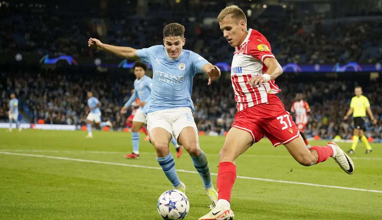 Manchester City sukses mengandaskan Red Star Belgrade dengan skor 3-1. (AP Photo/Dave Thompson)