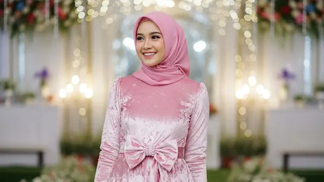 Velvet Lurus Pastel Pink dengan Aksen Pita Besar