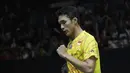 Tunggal putra Indonesia, Jonatan Christie, merayakan kemenangan atas tunggal China pada Indonesia Masters 2019 di Istora Senayan, Jakarta, Kamis (24/1). Jonatan lolos ke perempat final. (Bola.com/M. Iqbal Ichsan)