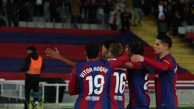Selebrasi Barcelona merayakan gol Yamal ke gawang Real Mallorca di lanjutan LaLiga