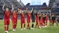 Para pemain Belgia melakukan selebrasi usai mengalahkan Panama pada laga Piala Dunia 2018 di Stadion Fisht, Senin (18/6/2018). Belgia menang 3-0 atas Panama. (AP//Matthias Schrader)