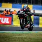 Pembalap Yamaha Tech 3, Johann Zarco beraksi pada MotoGP Jerman 2018 di Sirkuit Sachsenring. (Twitter/Tech3Racing)