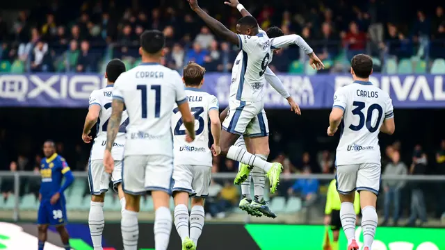 Selebrasi pemain Inter Milan ketika hajar Verona di Liga Italia 2024/2025