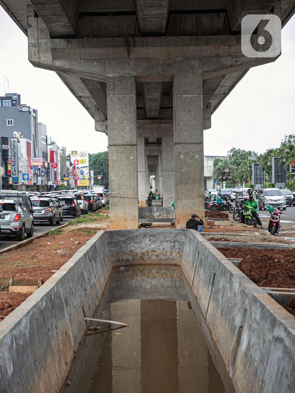 Suasana proyek pembangunan kolam olakan air di Kelapa Gading, Jakarta, Minggu (31/1/2021). Pemprov DKI Jakarta melalui Dinas Sumber Daya Air terus melakukan upaya untuk mengendalikan dampak musim hujan, salah satunya dengan membuat kolam olakan air secara bertahap. (Liputan6.com/Faizal Fanani)